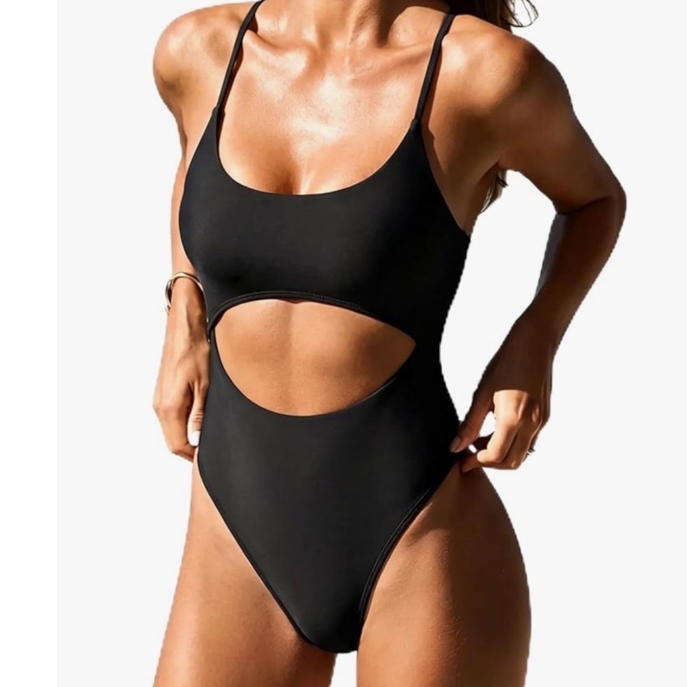 Meyeeka Black Cutout One Piece Swimsuit High Leg Lace Up Back XL